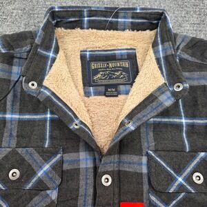 Grizzly Mountain Mens Flannel Shirt Jacket Gray Blue Plaid Sherpa Lined Medium